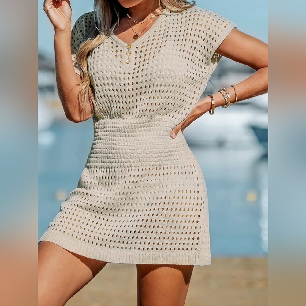 CUPSHE Womens Crochet Swim CoverUp Short Sleeve V Neck Bathing Suit Beach Dress - Picture 2 of 6